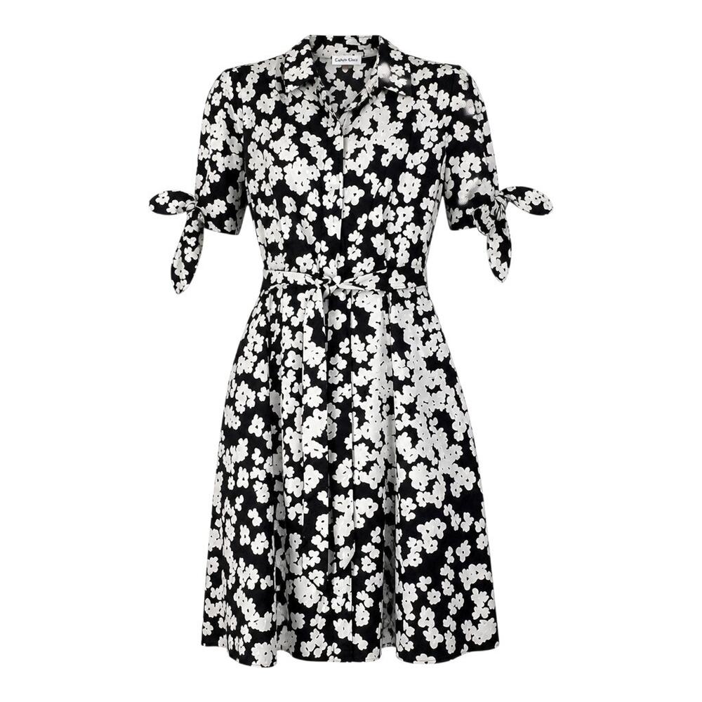 Calvin Klein Women's Size 6 Black White Floral Tie-Cuff Shirtdress A-Line Cotton